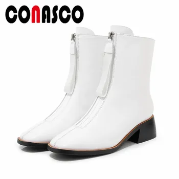 

CONASCO 2020 New Arrival Concise Woman Autumn Winter Warm Office Shoes Party Shoes Genuine Leather Metal Decoration Shoes Woman