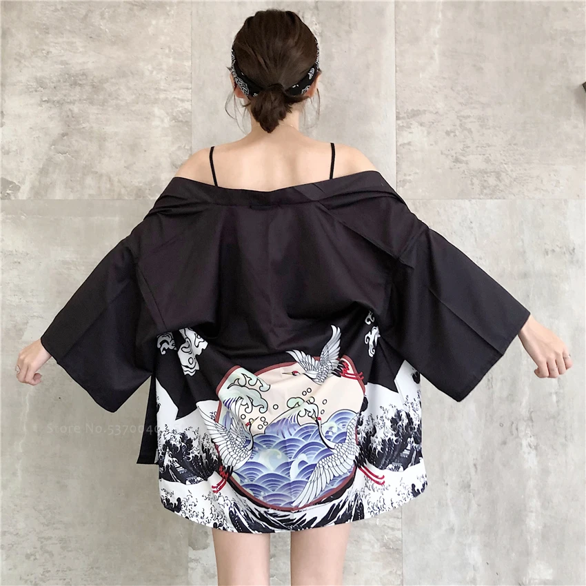 Японский модный стиль, азиатская одежда, кимоно Haori, халаты, традиционное летнее пальто юката, японский журавль, кардиган с принтом, уличная