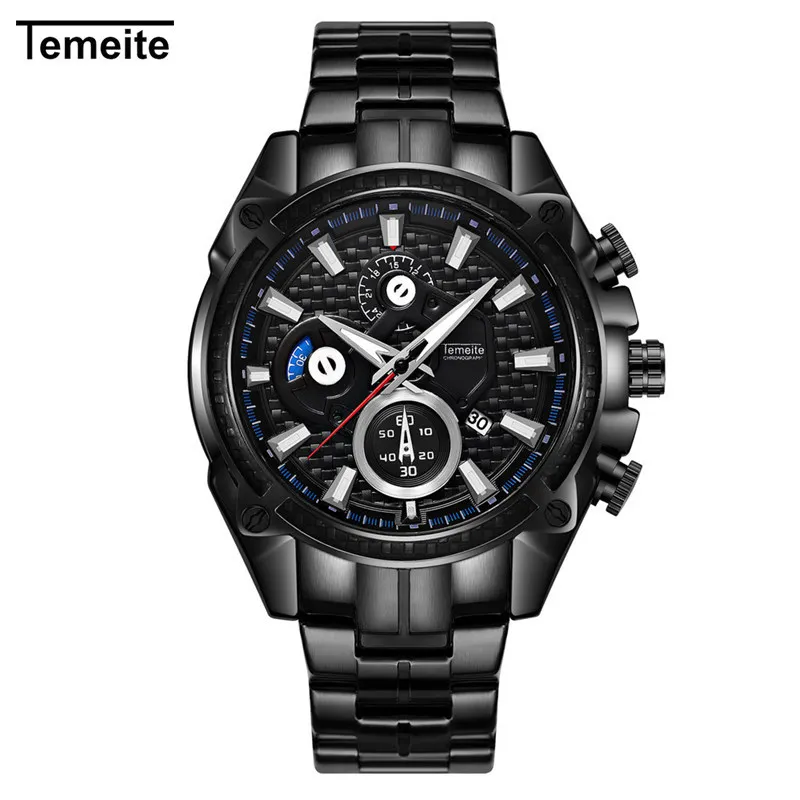 Temeite роскошные золотые часы для мужчин из нержавеющей стали водонепроницаемые спортивные кварцевые часы для мужчин s брендовые модные повседневные наручные часы для мужчин Relogio - Цвет: black