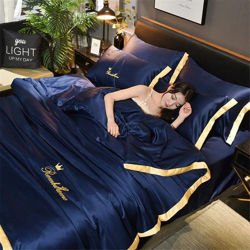 Home Textile Double Bed Linen Luxury Washed Silk Bedding Set Single Embroidery Bed Sheets Set King Queen Size Solid Color