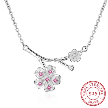 

Drop Shipping 925 Sterling Silver Blossom Cherry Flower Necklace Crystal Tree Branch Pendant&necklace Jewelry Colar De Plata