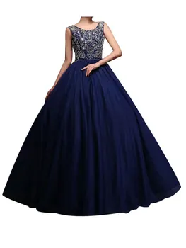 

Elegant Luxury Scoop-Neck Beading Rhinestone-Crystal Tulle Prom Ball Gown Evening Formal Dress