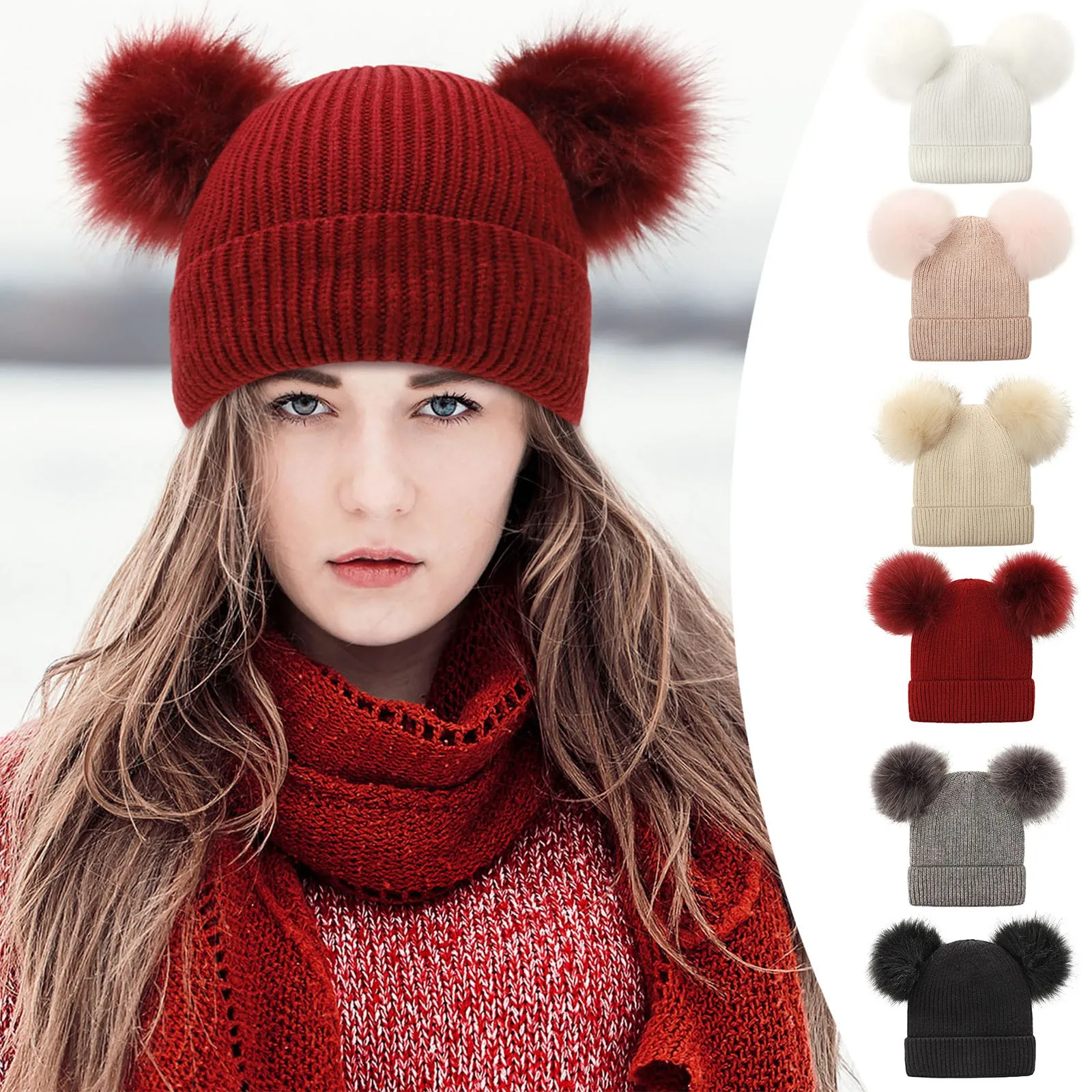 Winter Real Fur Ball Beanie Hat for Women Ladies Fluffy Double Natural