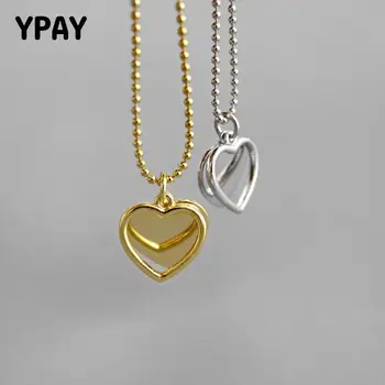 

YPAY Double Heart Pendant Necklace for Women Korea INS 100% Pure 925 Sterling Silver Beads Chain Necklaces Fine Jewelry YMN165