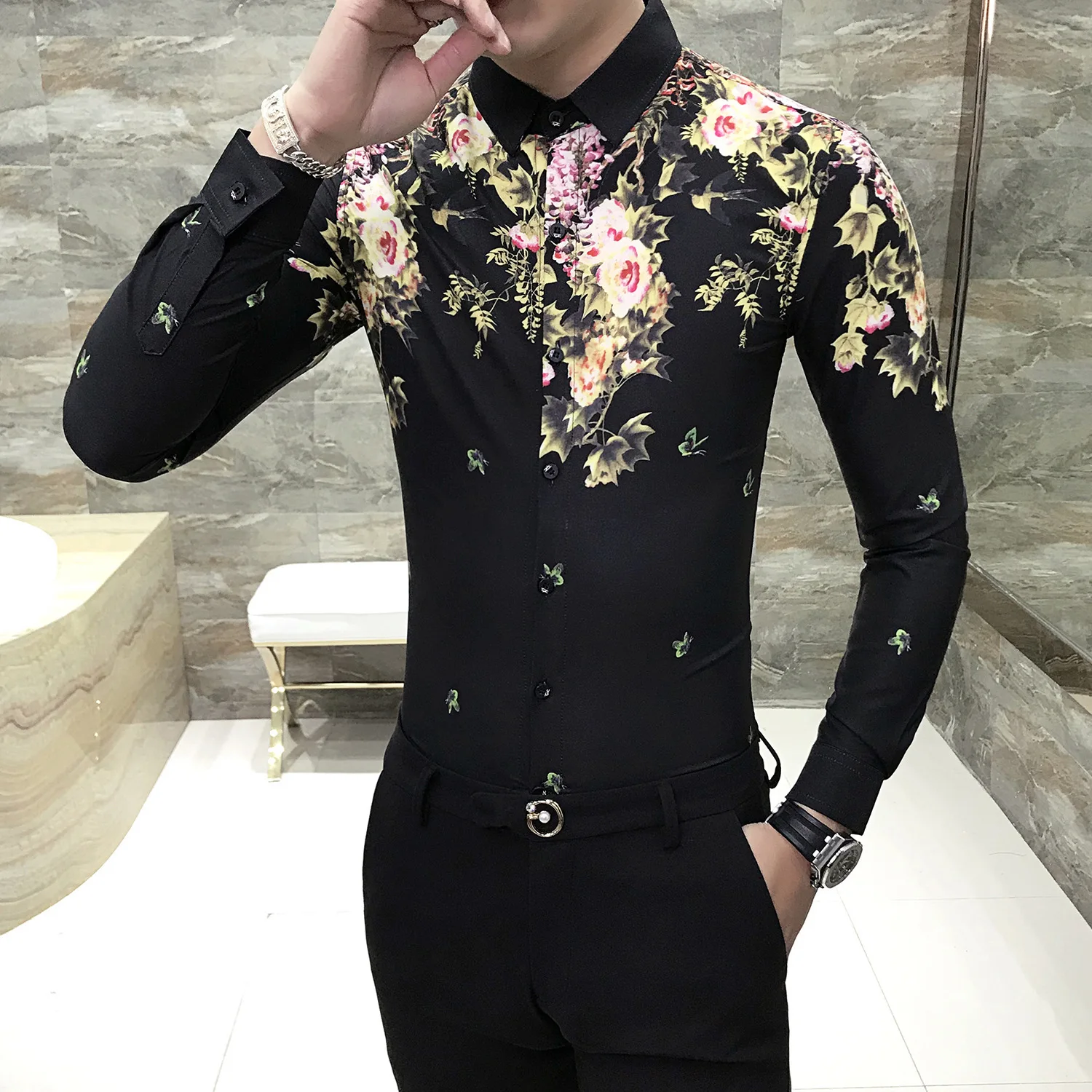 Повседневное рубашка Slim Fit Мужская с длинным рукавом Мужской платье рубашка корейский модный принт ночной клуб рабочая рубашка camisa социальной masculina