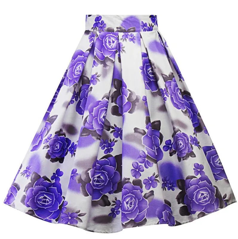 

Purple Flower Hepburn Cotton Women Skirt Swing Vintage Skirts Checked Print Vintage Skirt With Pleated Skirt With High Waist
