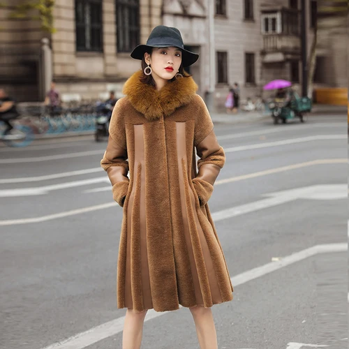 Dark Camel Женское зимнее пальто с натуральным мехом лисы, Женская куртка с капюшоном, корейские длинные куртки для стрижки овец, шерсть, топы LW2176 - Цвет: Dark Camel