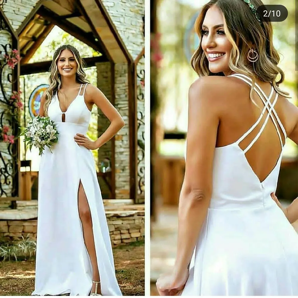 

Simple Sexy A-Line Wedding Dress V Neck Sleeveless Criss Cross Back Chiffon Bridal Gowns with High Slit Vestidos De Novia 2021