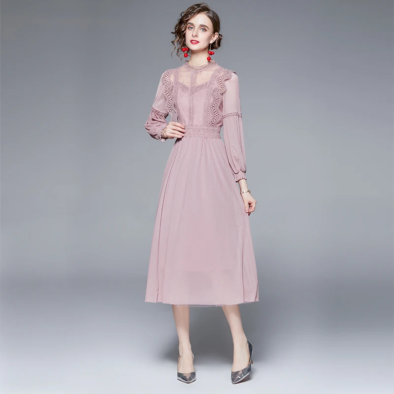 

Autumn New Lace Pink Long Sleeve Dresses Office Lady Turtleneck Regular Dress Elegant Vestidos Largos De Verano Para Mujer 2022