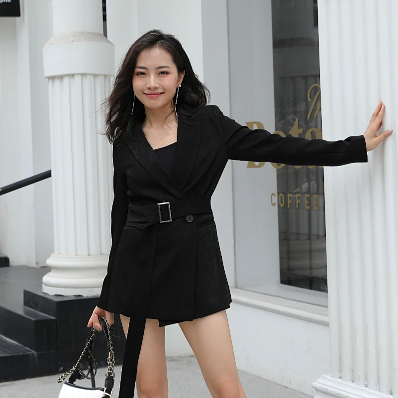 TUHAO Autumn Winter Women's Blazer Suit Jacket Coat Casual Solid Color Elegant Office Lady High Waist Coat OL Blazer Suit - Цвет: Черный