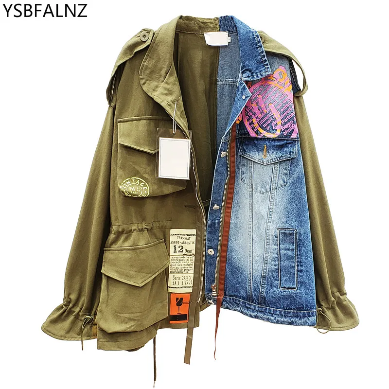 

2020 Women Jacket Spring Plus Size Autumn High Quality Lapel Long Sleeve Fake Two Piece Denim Patchwork Vintage Printing Coat