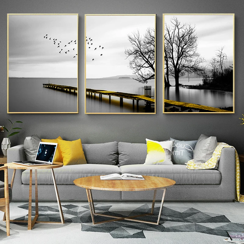 

Modern Minimalist Golden Bridge Landscape Tranquil Lake Photography Poster and Print Decorative Canvas Painting Wall Picture