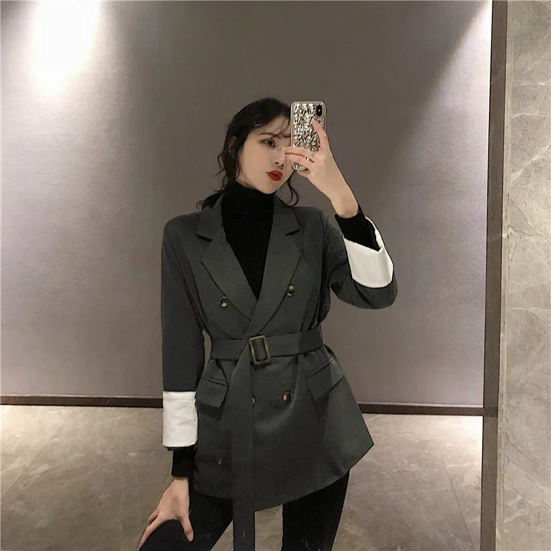 Корейский женский негабаритный блейзер тонкий черный пиджак и куртки Femme Tie Up Chaqueta Mujer Bleiser Feminino