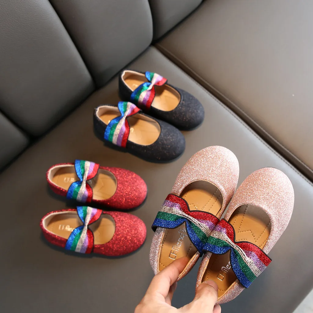 Новинка осени 2019 модная детская обувь принцессы с радужным бантом блестящая