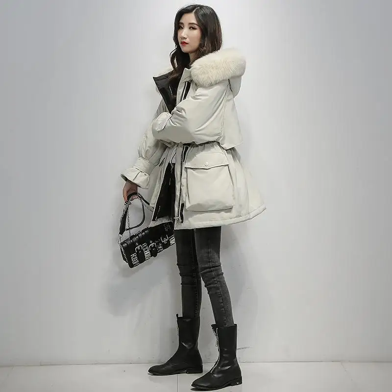 Бежевый Fitaylor Large Natural Fox Fur Hooded Winter Jacket Women 90% White Duck Down Thick Parkas Warm Sash Tie Up Snow Coat - Цвет: Бежевый