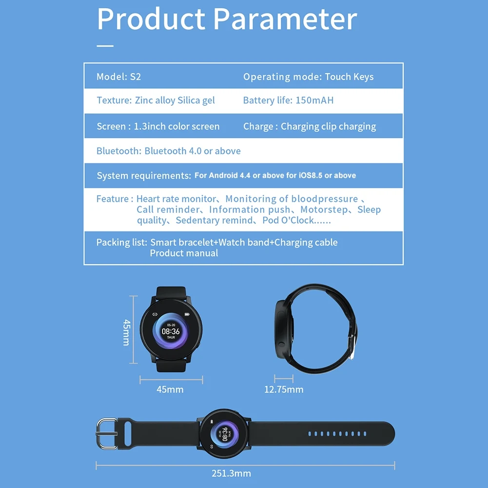 S2 Waterproof LCD Display Screen Heart Rate Blood Pressure Monitor Fitness Tracker Call Reminder Smart Bracelet For IOS Android