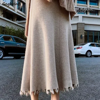 

Skirts Women A-Line Mid-calf Korean Style Chic Leisure Knitted Solid Elegant Vintage High Quality Womens Daily Winter Streetwear