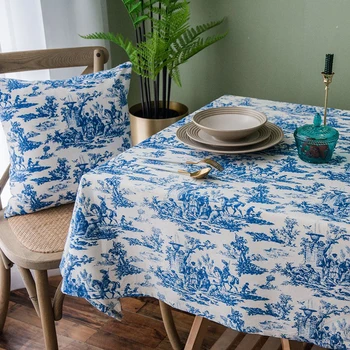 

Retro Blue Decorative Table Cloth Rectangular Tablecloths Dining Table Cover Kitchen Obrus Mantel Mesa Home Decor Cushion Cover