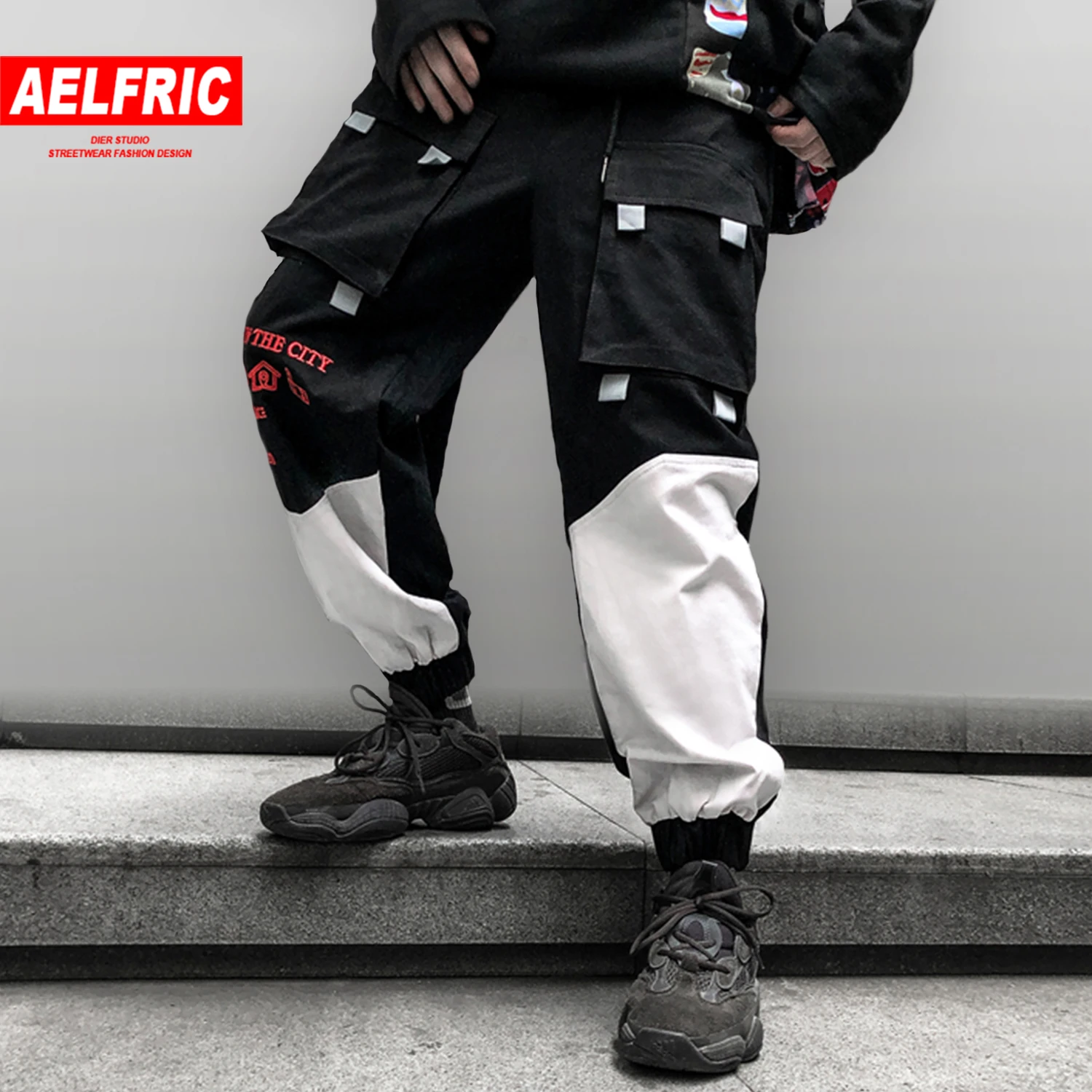 AELFRIC хип хоп Лоскутная лента мужские брюки карго Harajuku уличная эластичная талия бегущие повседневные мужские шаровары спортивные брюки