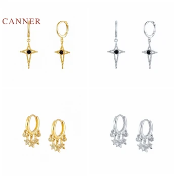 

CANNER Real 925 Sterling Silver Earrings For Women Mismatched Star Round Cross Earrings Hoops Zircon Korean Jewelry Pendientes