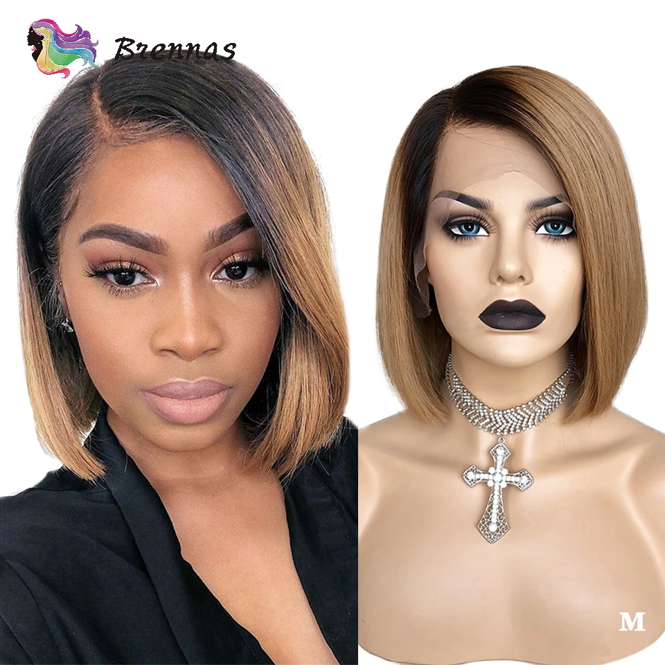 

Straight lace wig short bob straight lace front wig 1b/27 Ombre side part lace wig Brazilian Remy hair bleached knots for women