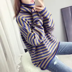 Женский свитер в Корейском стиле, осень 2019, Повседневный пуловер в полоску с принтом, топы, вязаная водолазка, свитер, Модный пуловер