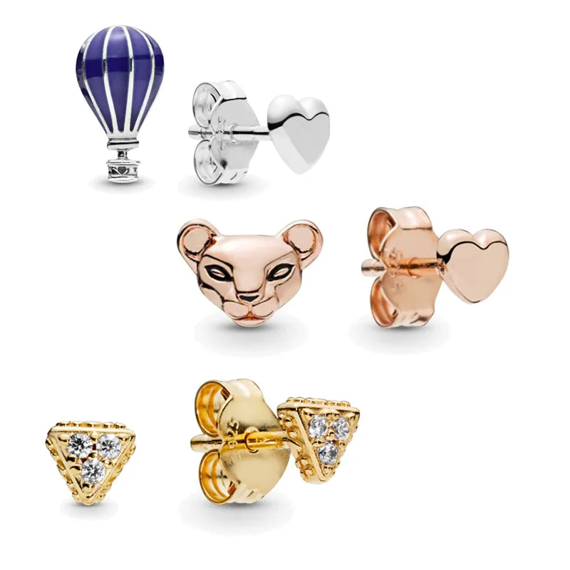 

2019 Summer New 925 Sterling Silver Pans Rose Lioness Hot Air Balloon And Heart Triangles Earrings Original For Women Jewelry