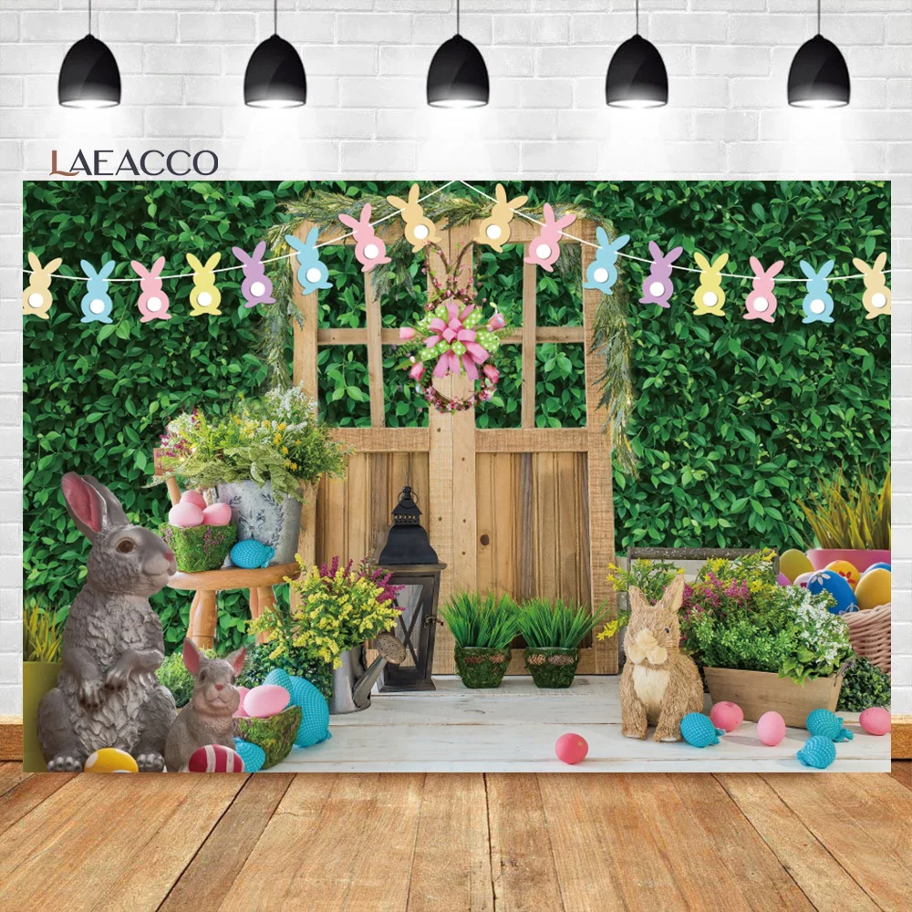 Laeacco Easter Photography Backgrounds Wooden Board Wall Green Grass Flowers Easter Eggs Children Portrait Photo Backdrops Props photo backdrop