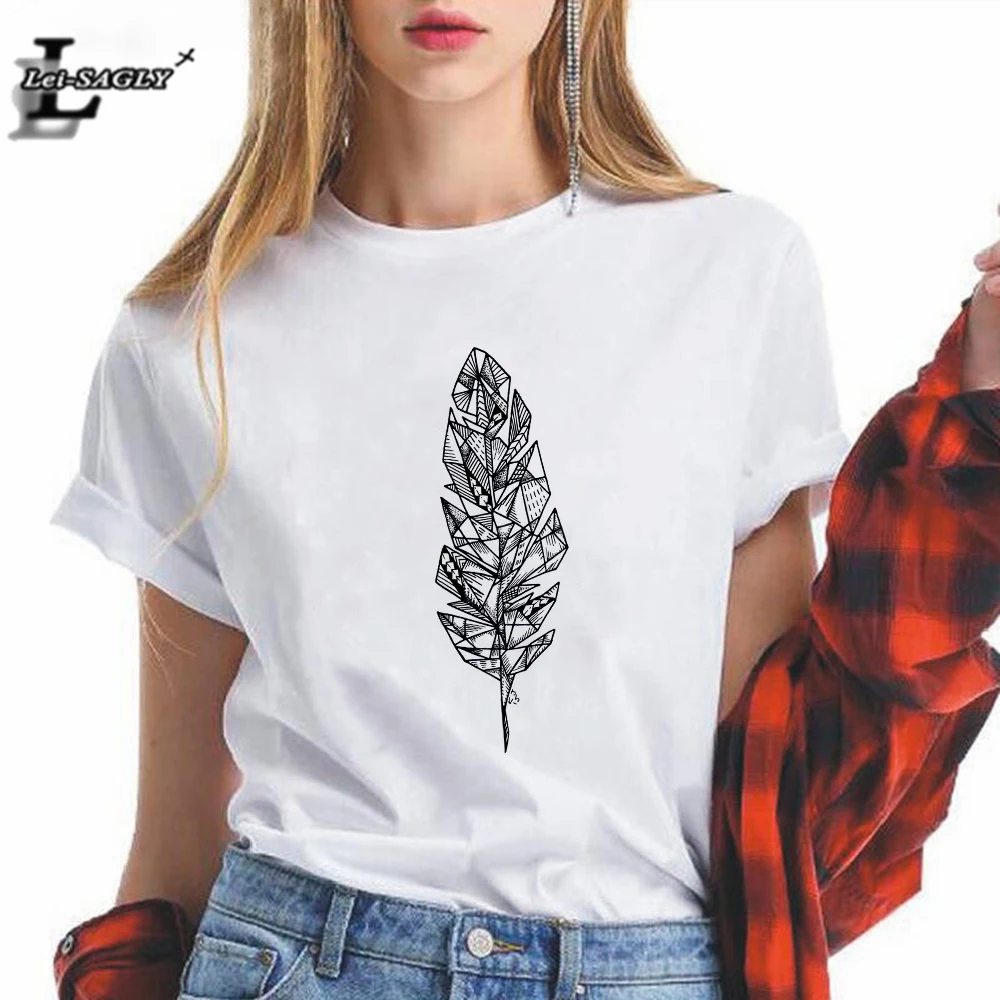 

Summer Newest Women's Fashion Geometric Feather T-shirt Cute Graphic Streetwear T Shirts Women Casual Harajuku Female Tshirt
