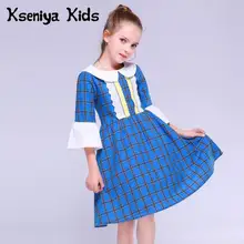 Kseniya Kids/осеннее детское милое платье в клетку с круглым отложным воротником и длинными рукавами для маленьких девочек Голубое Кружевное платье для девочек