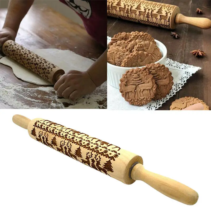 

Christmas Engraved Roller Reindeer Snowflake Embossing Rolling Pin Cookies Noodle Biscuit Fondant Cake Dough