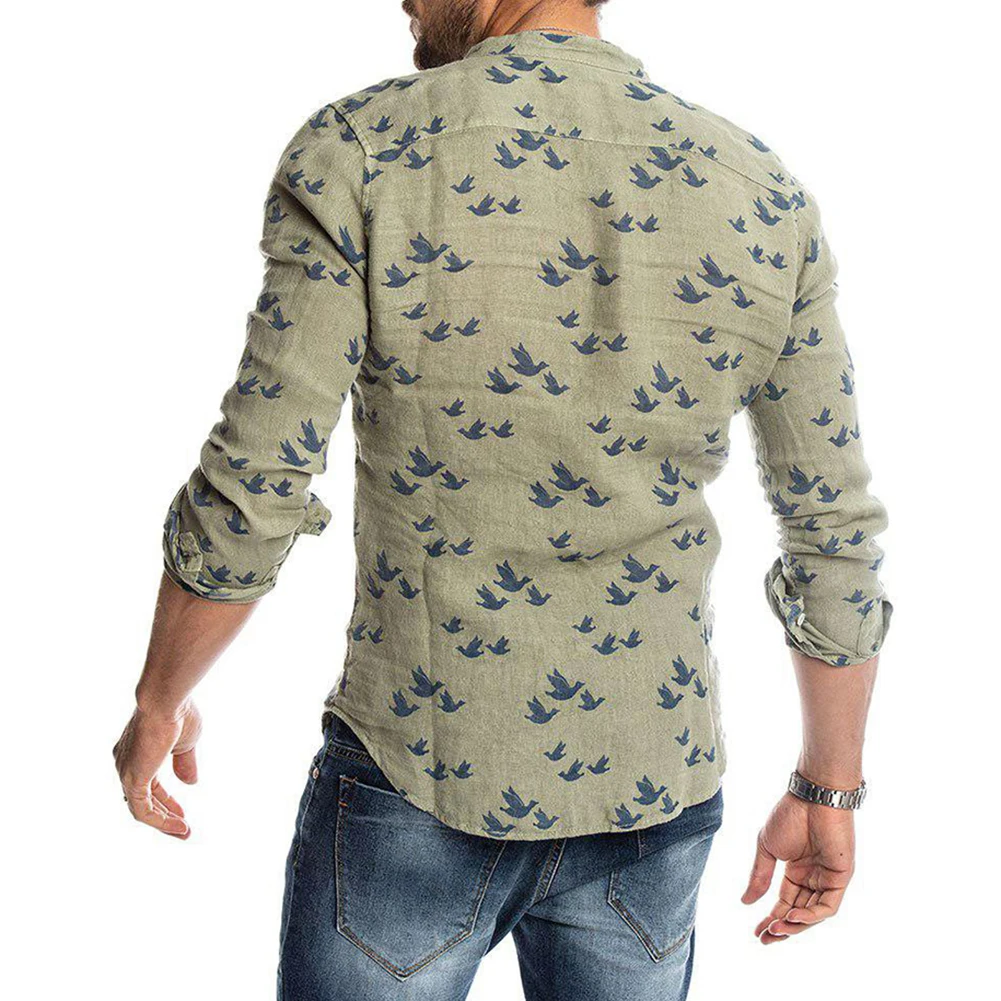 Весенне-осенняя повседневная мужская рубашка с принтом голубя и пуговицами, модная однотонная льняная приталенная рубашка, лидер продаж, удобная мужская рубашка