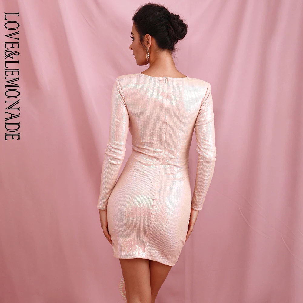LOVE& LEMONADE сексуальные розовые с глубоким v-образным вырезом ленты складки Блестки Bodycon Вечерние мини-платья LM82190