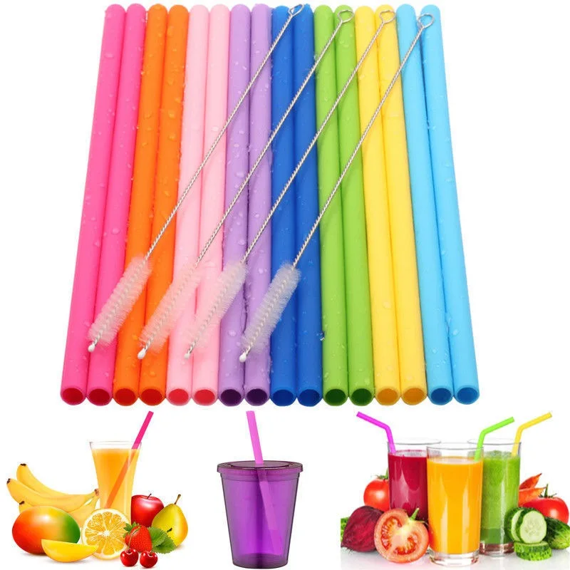 Многоразовые соломинки многоцветные силиконовые наборы питьевой соломы с чистящей щеткой Пищевой Безопасной соломинки аксессуары для домашнего бара