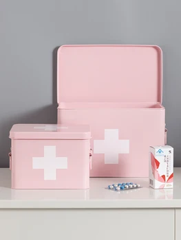 

Pink Blue Metal Medical Kit for Home Storage Anti-rust Home Stuff Storage Container for Medicine Portable for Family Travel