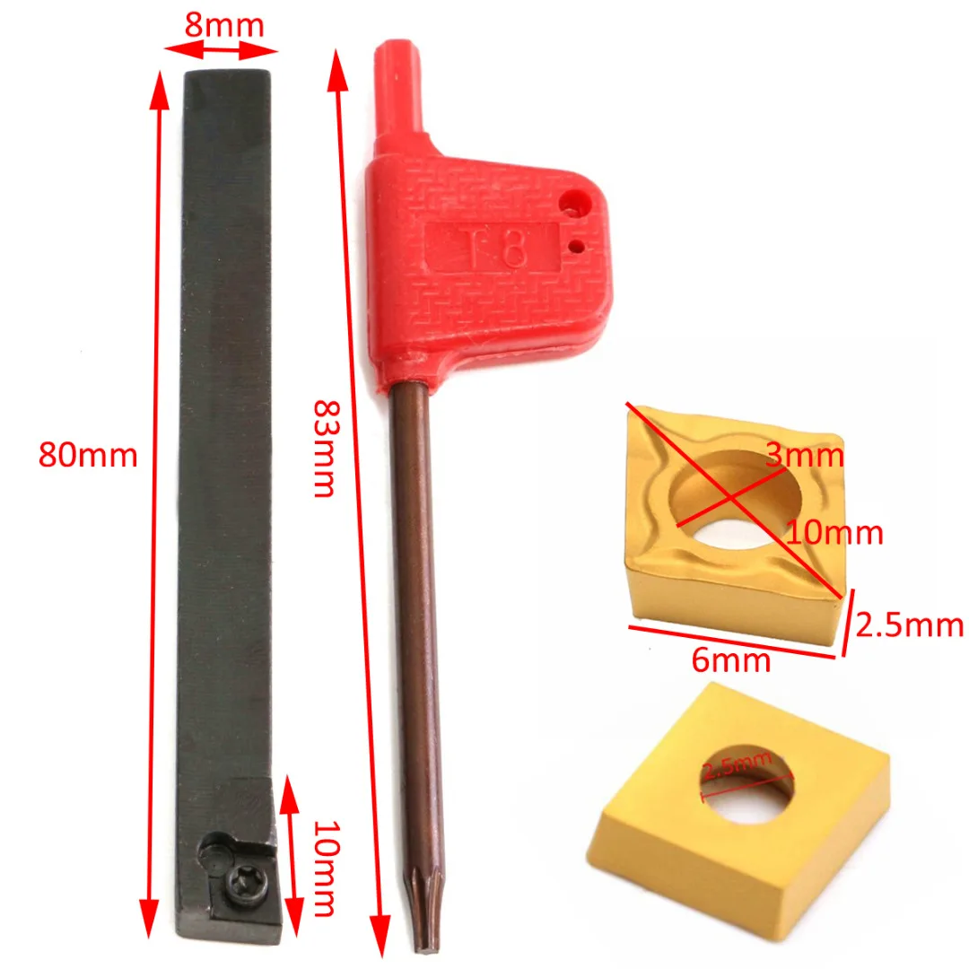 10pcs CCMT060204-HM Carbide Inserts + 1pc SCLCR0808F06 Lathe Turning Tool Holder 80mm Boring Bar with Wrench