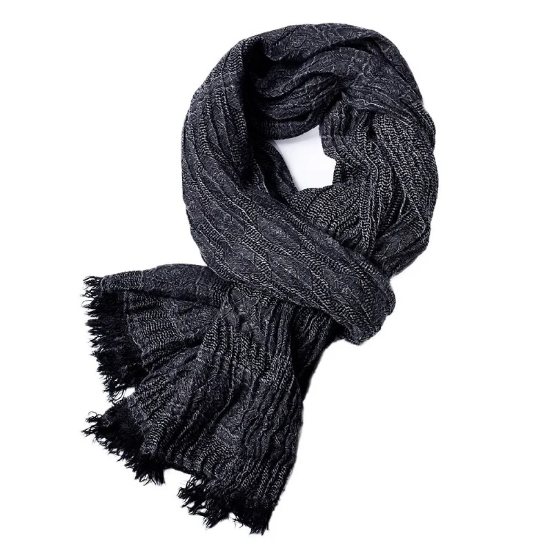 Осенний и зимний шарф из хлопка и льна для мужчин сплошной цвет мятая теплая шаль короткая бахрома мужские длинные шарфы 190X90 см - Цвет: black