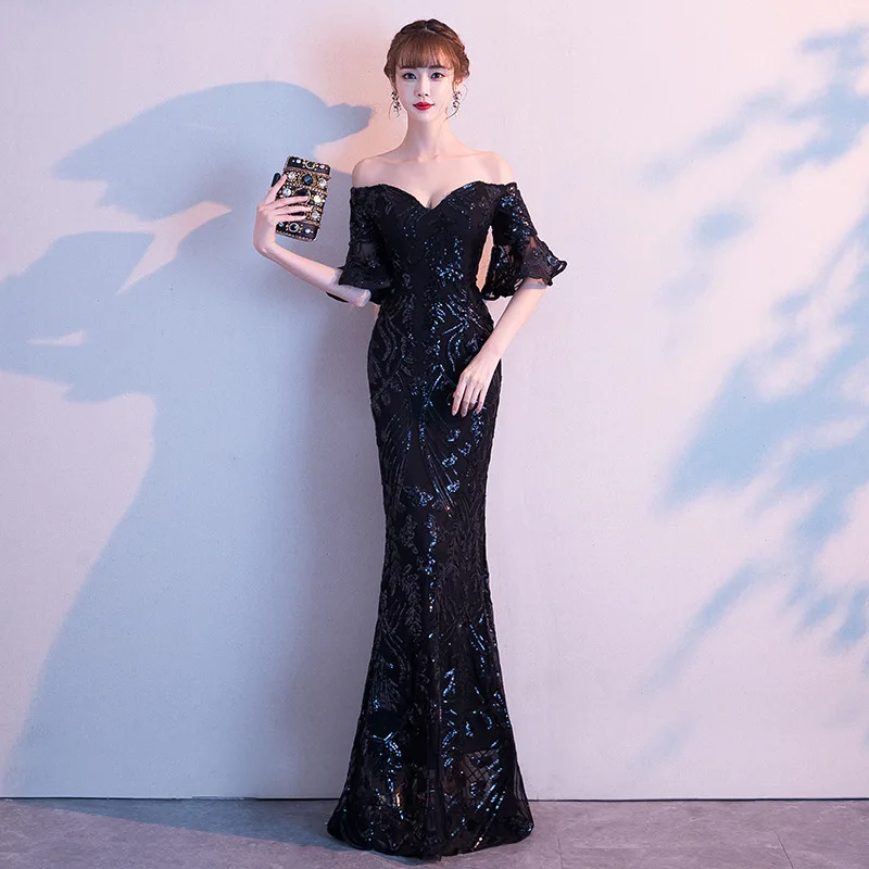 

Vestido De Festa Evening Dress Female 2020 New Noble Temperament Long Style Banquet Pomp Fish Tail Host