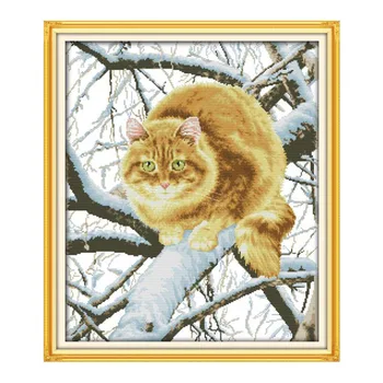 

The Fat Cat on The Tree Cross Stitch Kits Pattern Embroidery Sets 14CT 11CT Printed Canvas Needlework Handmade Crafts Home Decor