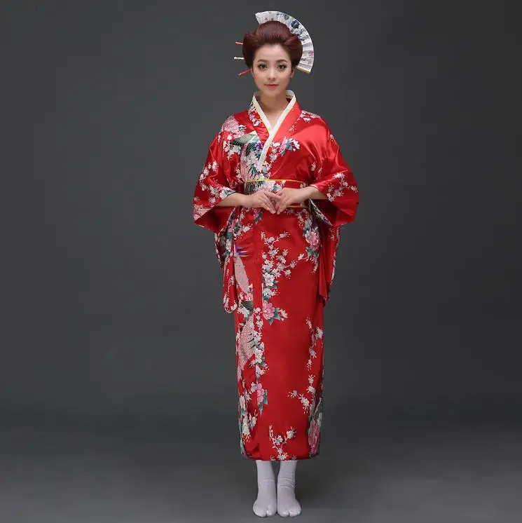 red peacock Лидер продаж, японское женское оригинальное платье юката, традиционное кимоно с Obi, танцевальные костюмы для выступлений, один размер - Цвет: red peacock