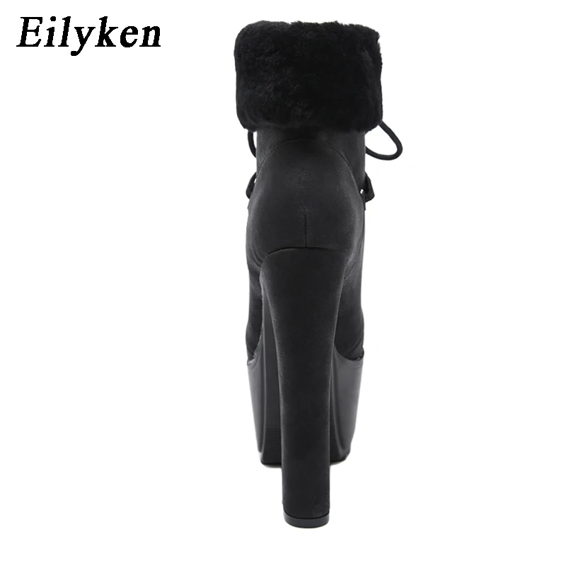 Eilyken/ г. Новые зимние плюшевые женские ботильоны на высоком каблуке 16,5 см на шнуровке женские ботинки на платформе с круглым носком обувь черного цвета размер 34-40