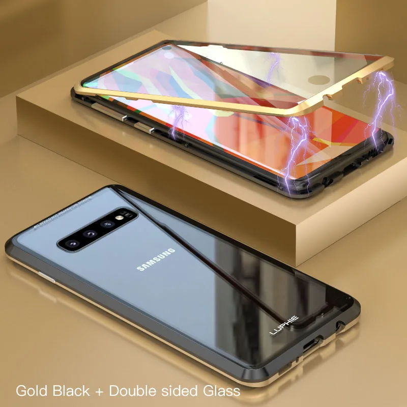 Luphie 360 градусов Полный Магнитный чехол для samsung Galaxy S10 Plus S10e Передняя Задняя стеклянная крышка чехол для samsung S10 Магнитный чехол s - Цвет: Black Gold