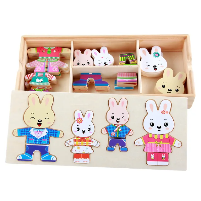 QWZ Little Bear Change Clothes Children's Early Education Wooden Jigsaw Puzzle Dressing Game Baby Puzzle Toys For Children Gift 6