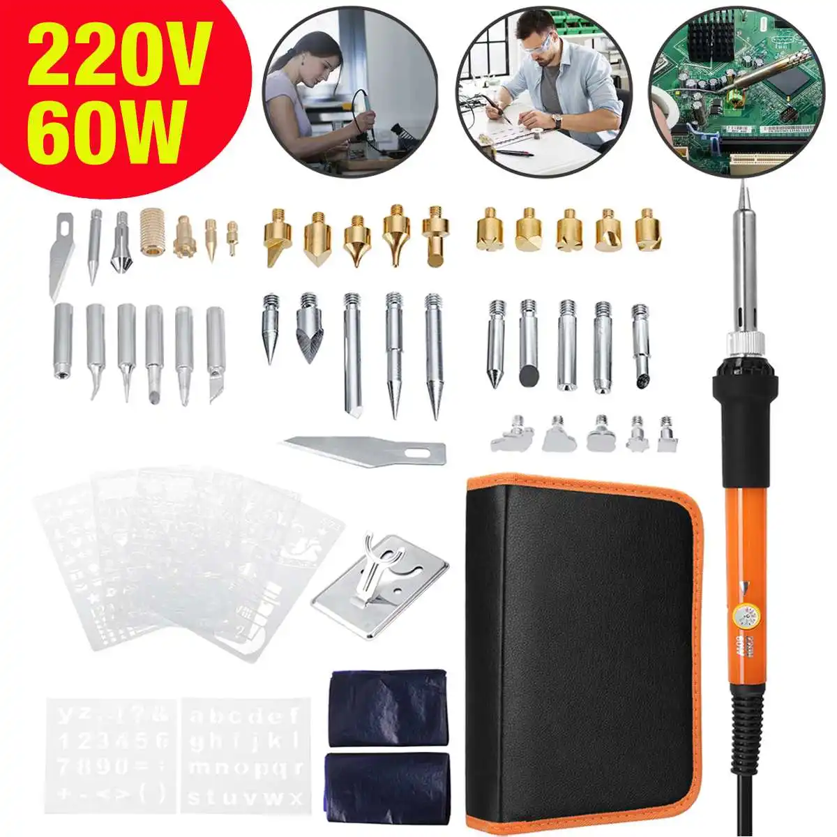 

60W 60Pcs EU Plug Wood Burning Pen & Assorted Tips Set Engraved Adjustable Temperature Soldering Iron Soldering Tools