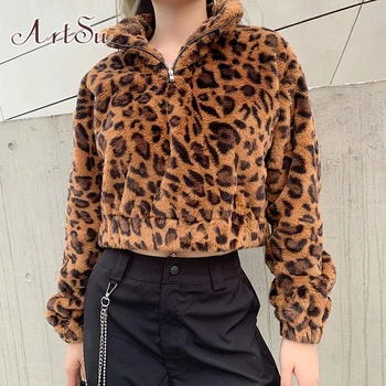 

ArtSu Women Hoodies Zipper Graphic Warm Streetwear Winter Hoodie Pullover Leopard Long Sleeve Crop Top Sweatshirts ASHO20425