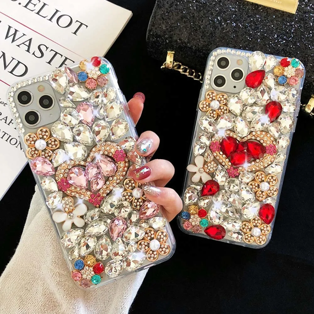 Bling Love Heart Case for Moto One Macro/One Vision Plus/One Fusion 5G/Z4 Play Shiny Diamond Rhinestone Glitter Coque | Мобильные