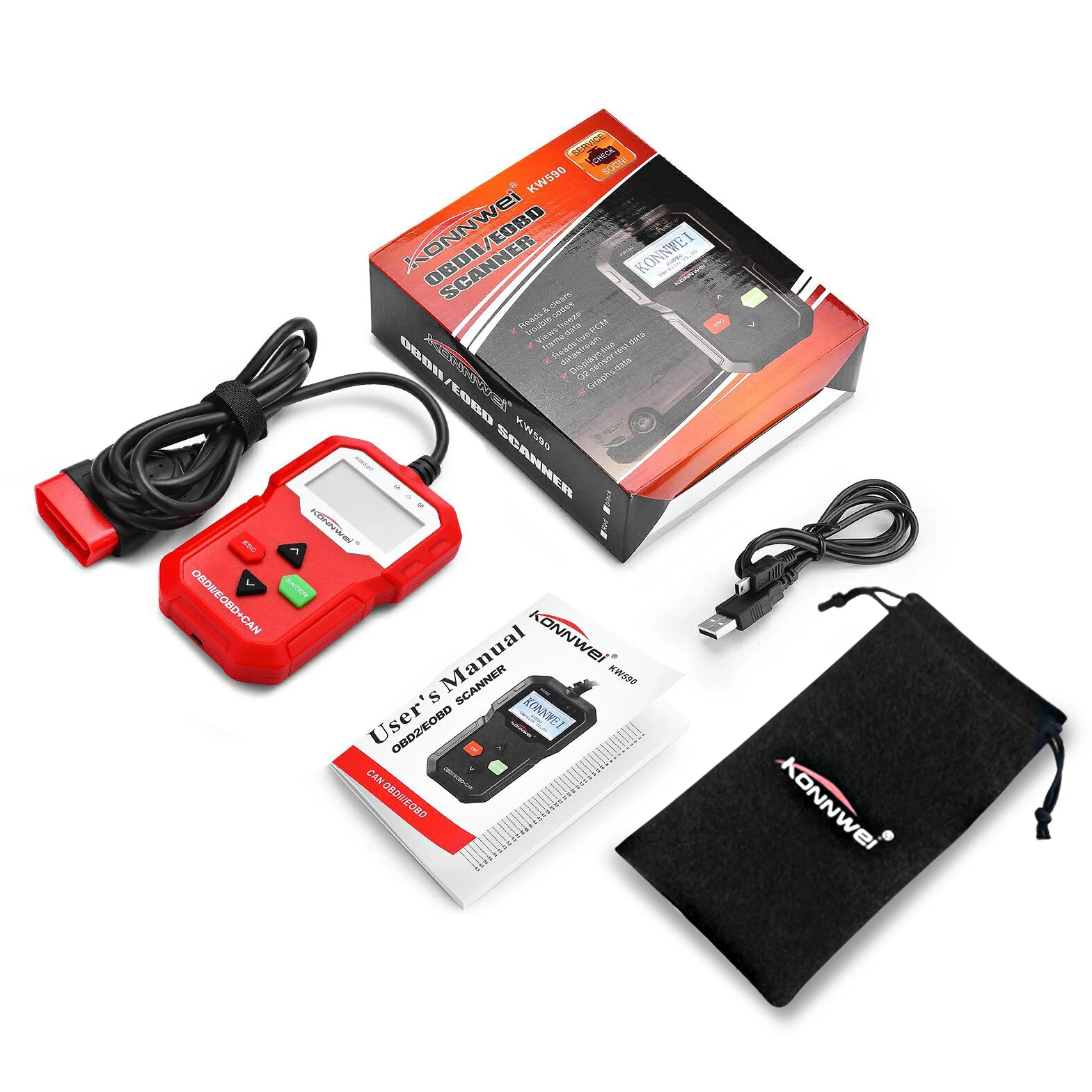 KONNWEI KW590 Универсальный OBD2 EOBD CAN считыватель кодов диагностический сканер