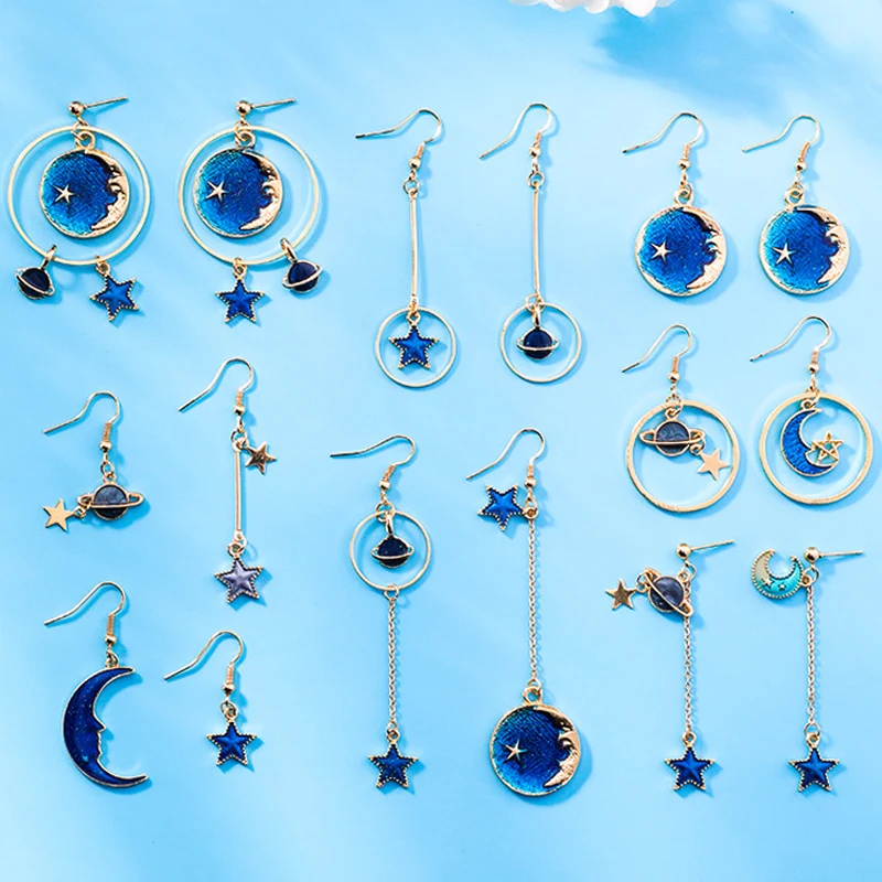 New Fashion Blue Space Universe Moon Star Earrings For Women Gold Color Universe Planet Circle Asymmetry Long Earrings - Image 4