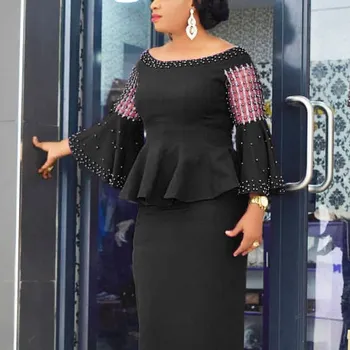 

2019 Women Vintage Flare Sleeve Mesh Ruffle Beading Top Two Piece Sets Elegant Bodycon Pencil Skirt Sets Suits