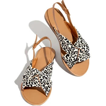 

Women Leopard Sandals Summer Bowtie Ladies Ankle Strap Buckle Round Toe Denim Flat Female Cross Tied 2020 Footwear Plus Size
